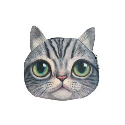 Sac pochette à chaîne kawaii bouille de chat gris tigré grands yeux verts