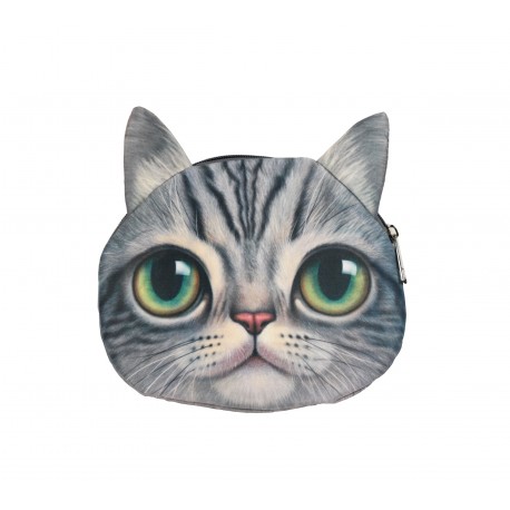 Sac pochette à chaîne kawaii bouille de chat gris tigré grands yeux verts