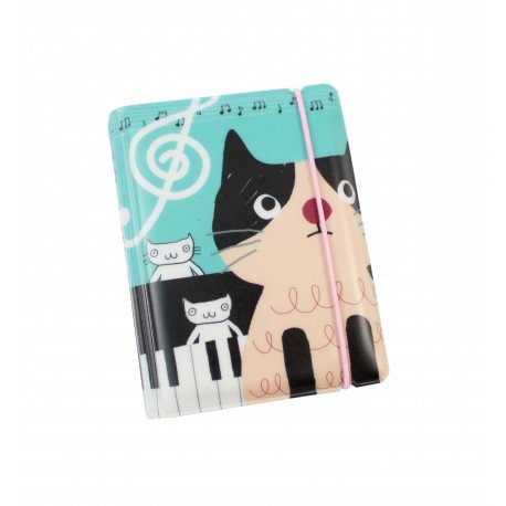 Porte cartes kawaii - chat mignon et piano - bleu mélodie