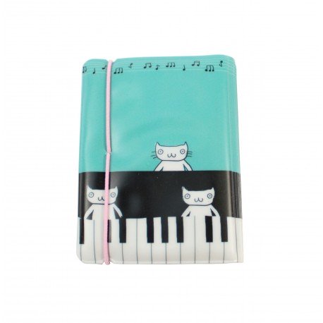 Porte cartes kawaii - chat mignon et piano - bleu mélodie