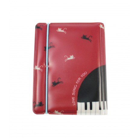 Porte cartes kawaii - chat mignon et piano - rouge et noir