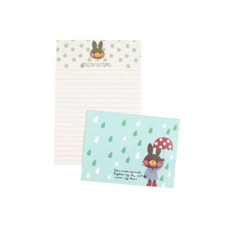 Mini papier à lettre & enveloppe assorti Lapin avec un parapluie sous les gouttes de pluie