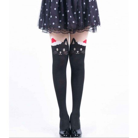 collants bas kawaii neko chat noir mignon avec son bonnet noël rouge