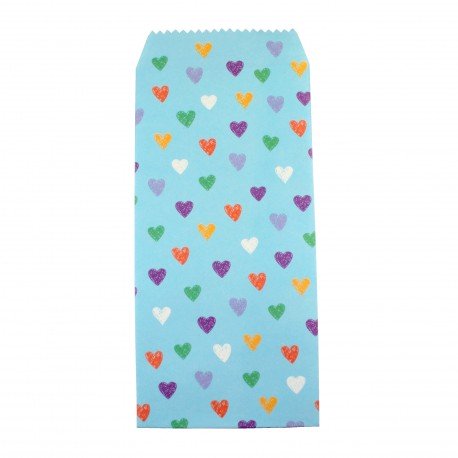 Pochette cadeau - Coeurs multi couleur effet dessin en crayon sur un fond en bleu fluo