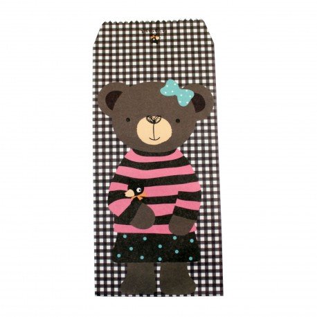Pochette cadeau - Ourson brun en pull rayure rose et noir sur un fond à motif des carreaux couleur chocolat