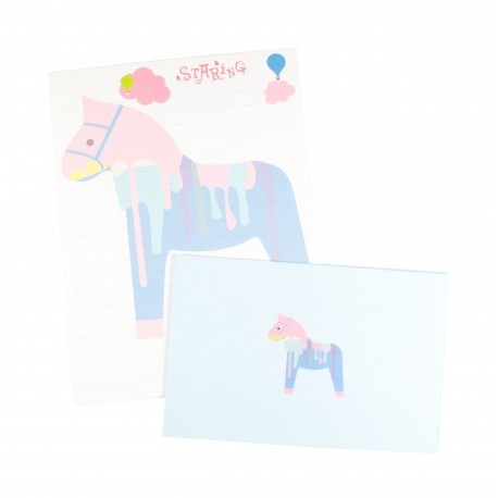 Papier à lettre & enveloppe assorti cheval à bascule bleu