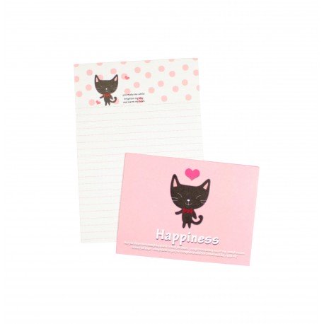 Mini papier à lettre & enveloppe assorti Happy Chaton noir souriant et petits pois roses